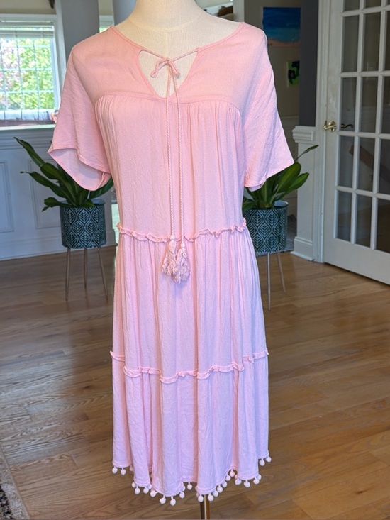 Emery Rose Dresses & Skirts - Emery Rose Boho Pink Tassel Tiered Dress Pom Pom Hem Medium (VGUC)